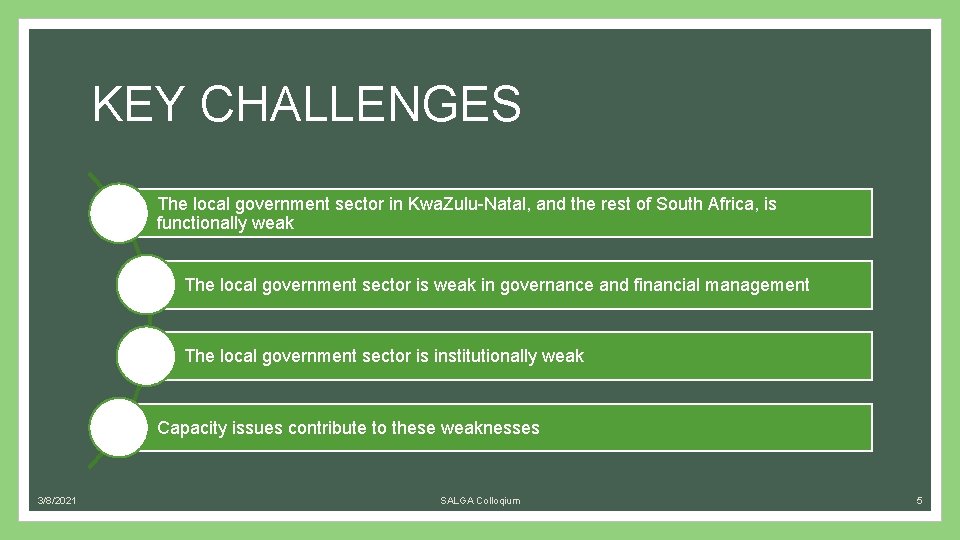 KEY CHALLENGES The local government sector in Kwa. Zulu-Natal, and the rest of South