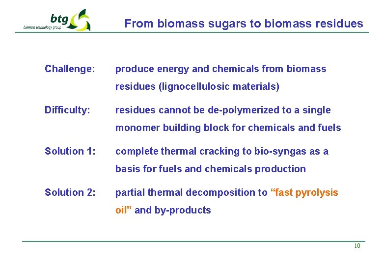 From biomass sugars to biomass residues Challenge: produce energy and chemicals from biomass residues