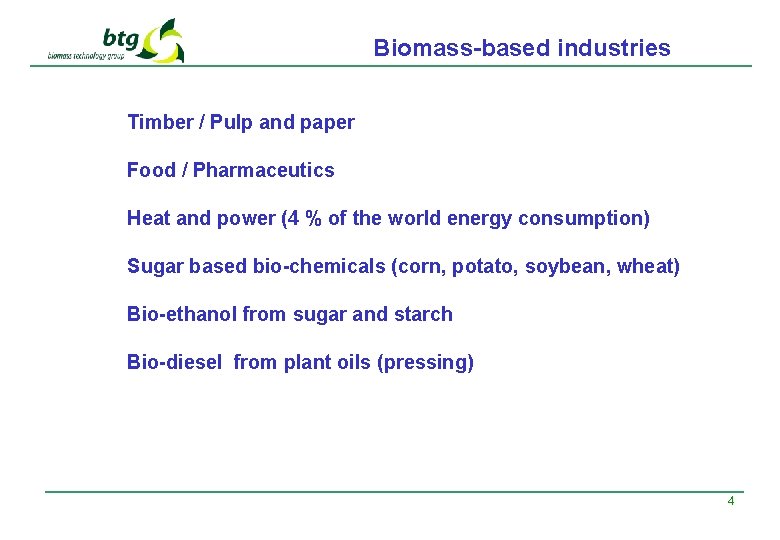 Biomass-based industries Timber / Pulp and paper Food / Pharmaceutics Heat and power (4