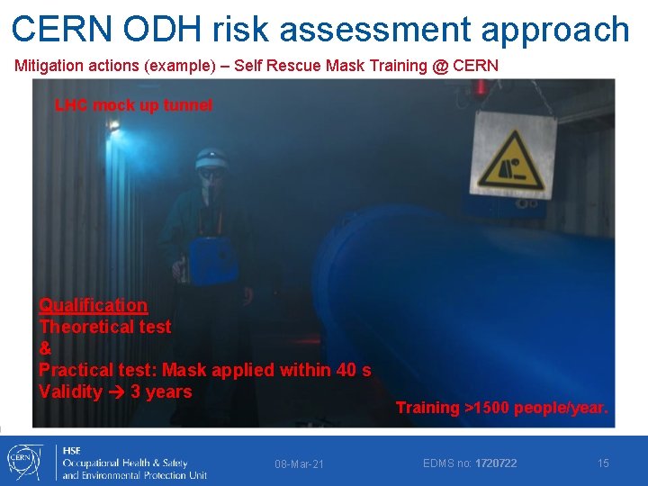 CERN ODH risk assessment approach Mitigation actions (example) – Self Rescue Mask Training @
