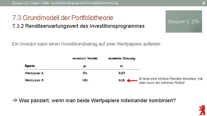 9 Busse von Colbe / Witte: Investitionstheorie und Investitionsrechnung 7. 3 Grundmodell der Portfoliotheorie