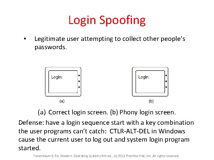 Login Spoofing • Legitimate user attempting to collect other people’s passwords. (a) Correct login