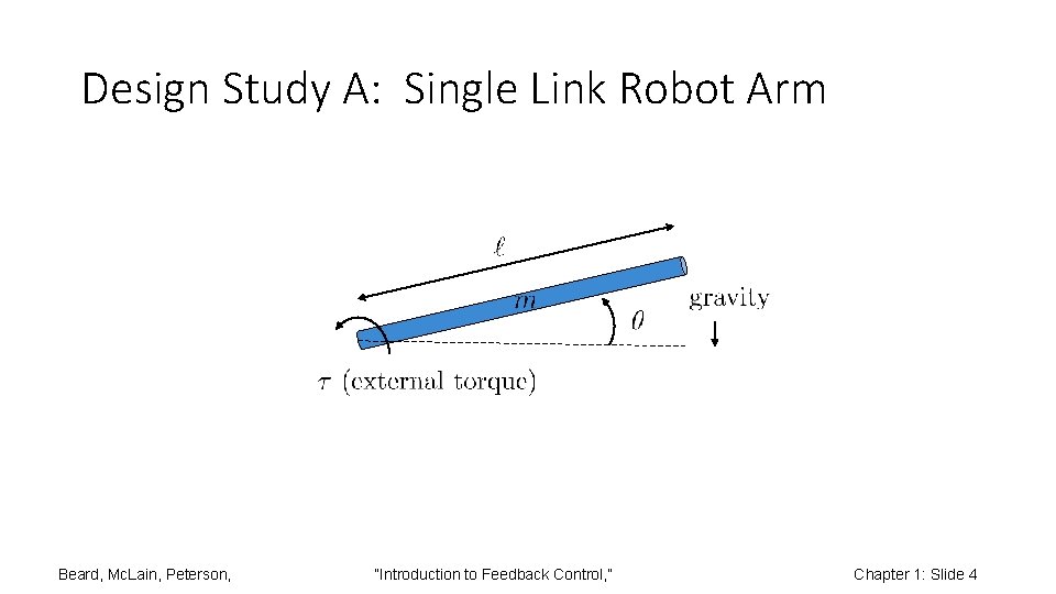 Design Study A: Single Link Robot Arm Beard, Mc. Lain, Peterson, “Introduction to Feedback