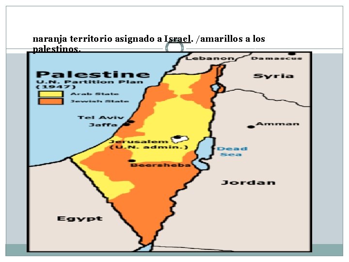 naranja territorio asignado a Israel. /amarillos a los palestinos. 