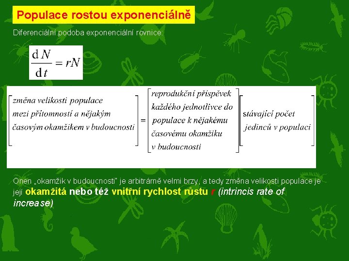 Populace rostou exponenciálně Diferenciální podoba exponenciální rovnice: Onen „okamžik v budoucnosti“ je arbitrárně velmi