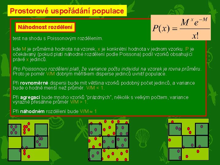 Prostorové uspořádání populace Náhodnost rozdělení test na shodu s Poissonovým rozdělením. kde M je