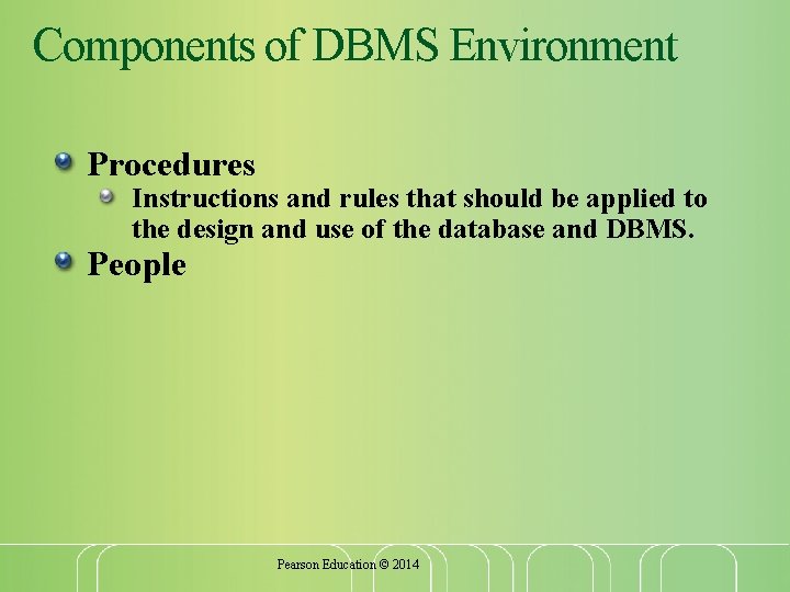 Components of DBMS Environment Procedures Instructions and rules that should be applied to the