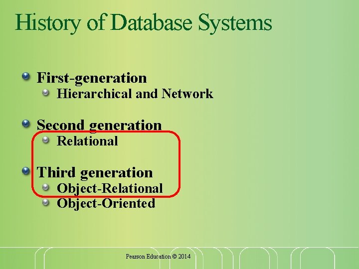 History of Database Systems First-generation Hierarchical and Network Second generation Relational Third generation Object-Relational History of Database Systems First-generation Hierarchical and Network Second generation Relational Third generation Object-Relational