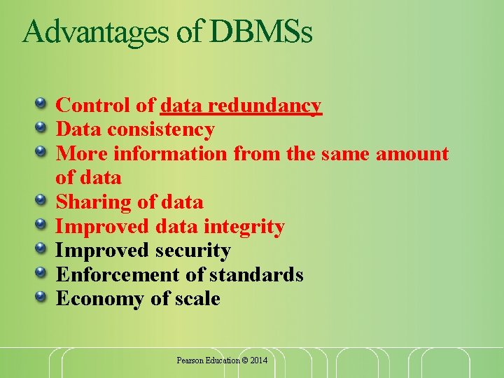 Advantages of DBMSs Control of data redundancy Data consistency More information from the same Advantages of DBMSs Control of data redundancy Data consistency More information from the same