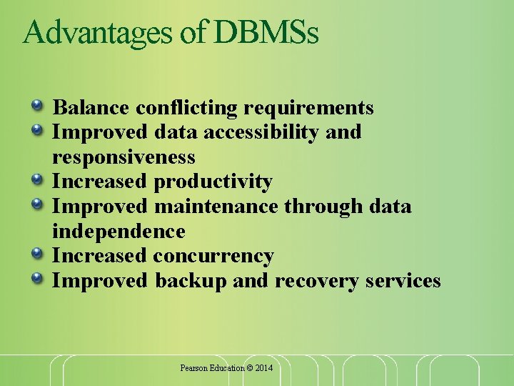 Advantages of DBMSs Balance conflicting requirements Improved data accessibility and responsiveness Increased productivity Improved