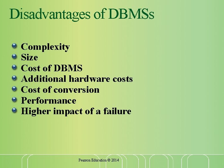 Disadvantages of DBMSs Complexity Size Cost of DBMS Additional hardware costs Cost of conversion Disadvantages of DBMSs Complexity Size Cost of DBMS Additional hardware costs Cost of conversion