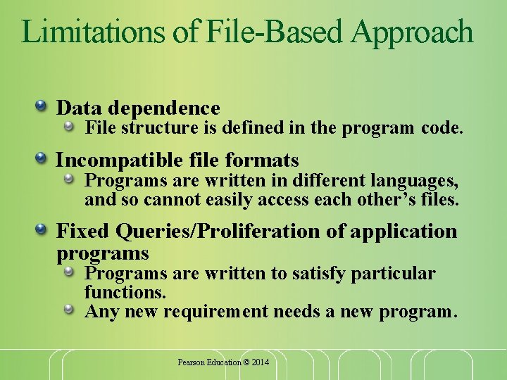 Limitations of File-Based Approach Data dependence File structure is defined in the program code.
