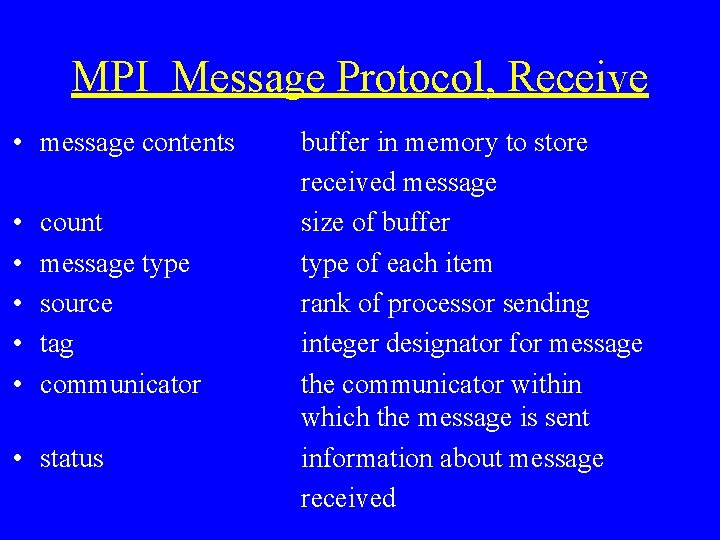 MPI Message Protocol, Receive • message contents • • • count message type source