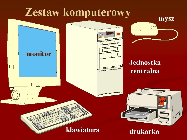 Zestaw komputerowy mysz monitor Jednostka centralna klawiatura drukarka 