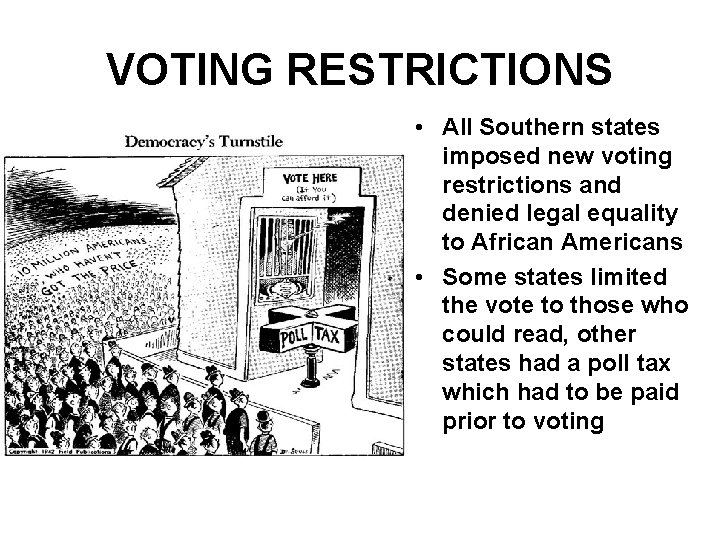 VOTING RESTRICTIONS • All Southern states imposed new voting restrictions and denied legal equality