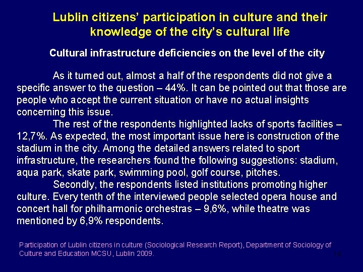 Lublin citizens’ participation in culture and their knowledge of the city’s cultural life Cultural