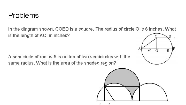 Problems In the diagram shown, COED is a square. The radius of circle O