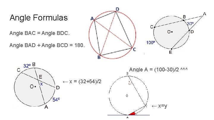 Angle Formulas Angle BAC = Angle BDC. Angle BAD + Angle BCD = 180.