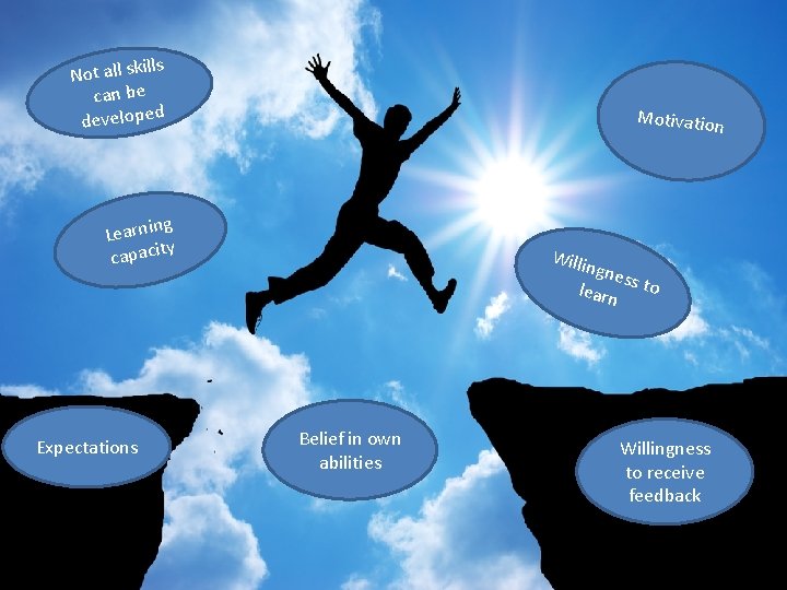 ills Not all sk can be d develope Motivation g Learnin y capacit Expectations