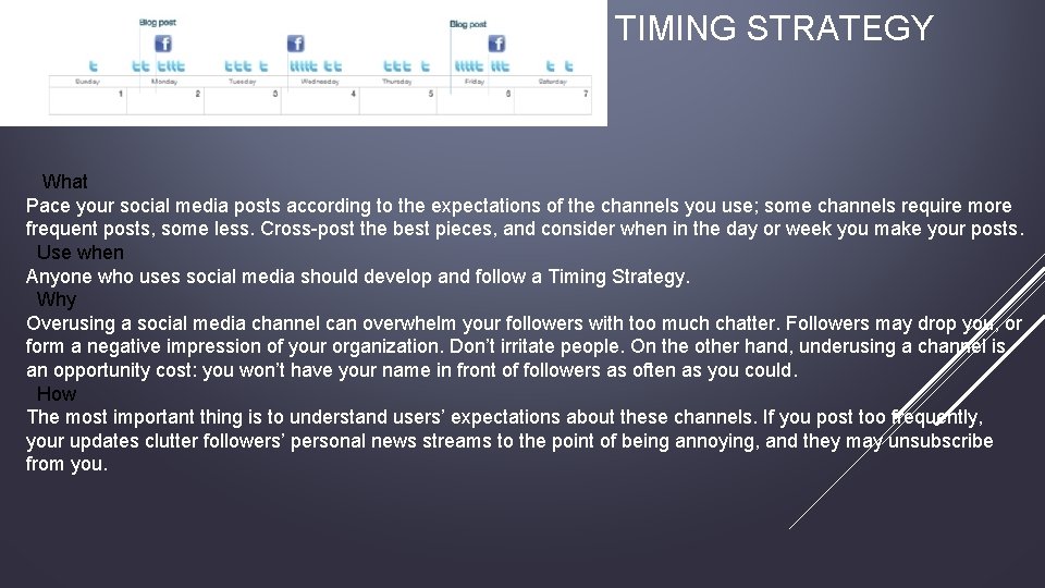 TIMING STRATEGY What Pace your social media posts according to the expectations of the