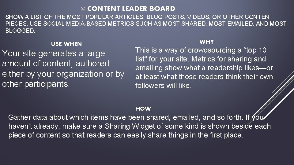  CONTENT LEADER BOARD SHOW A LIST OF THE MOST POPULAR ARTICLES, BLOG POSTS,