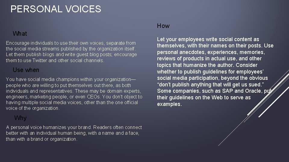 PERSONAL VOICES How What Encourage individuals to use their own voices, separate from the