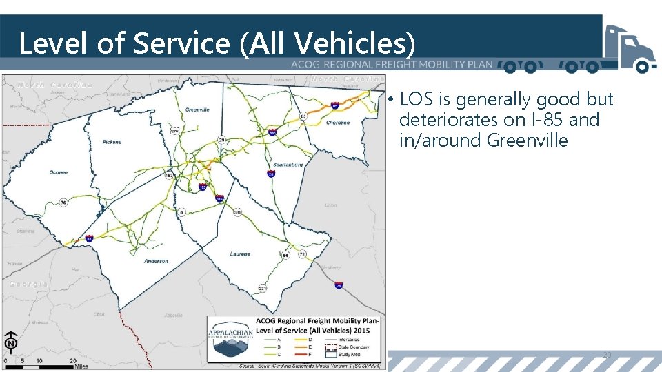 Level of Service (All Vehicles) • LOS is generally good but deteriorates on I-85