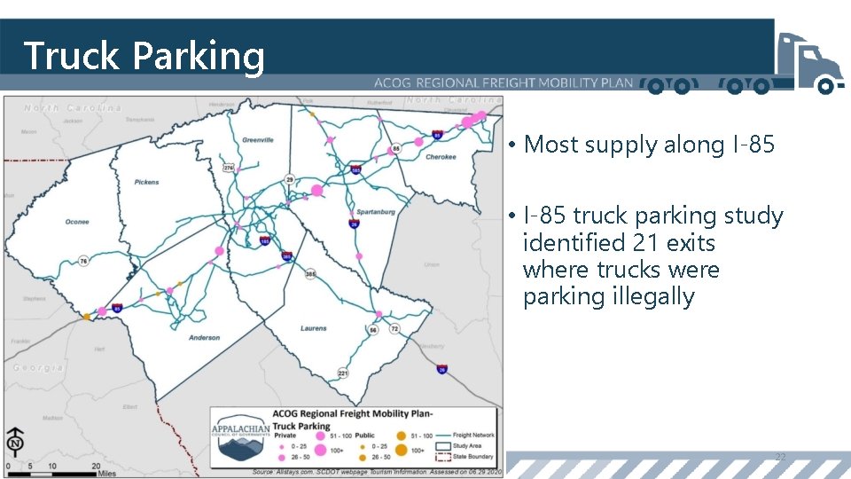 Truck Parking • Most supply along I-85 • I-85 truck parking study identified 21