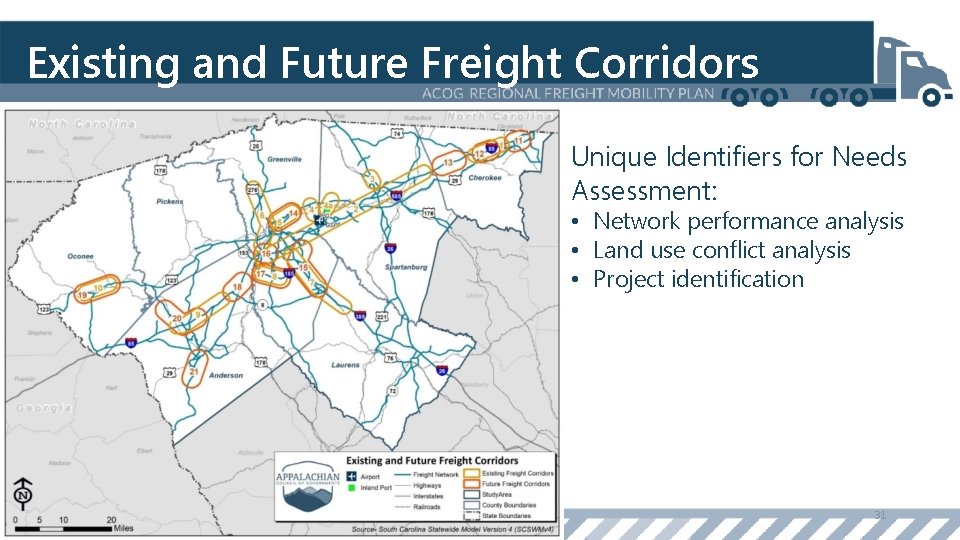 Existing and Future Freight Corridors Unique Identifiers for Needs Assessment: • Network performance analysis