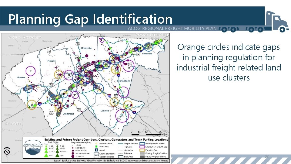 Planning Gap Identification Orange circles indicate gaps in planning regulation for industrial freight related
