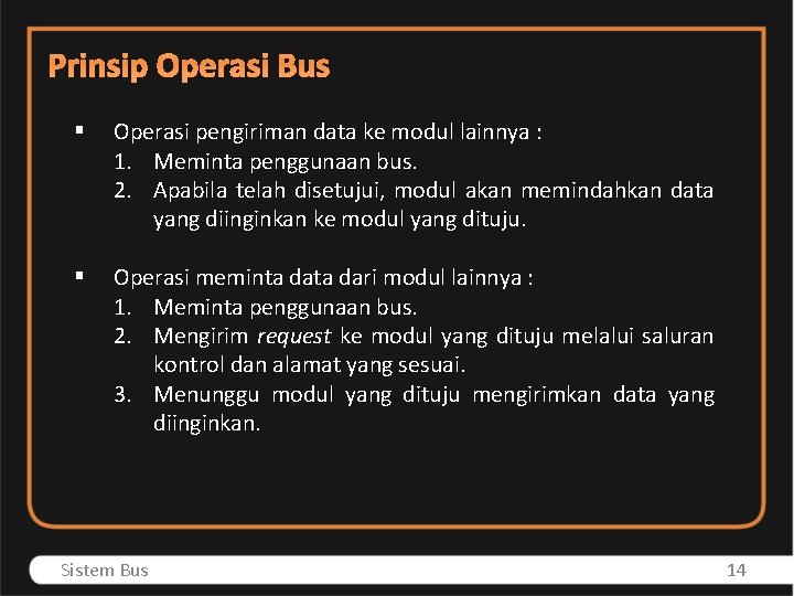 Prinsip Operasi Bus § Operasi pengiriman data ke modul lainnya : 1. Meminta penggunaan