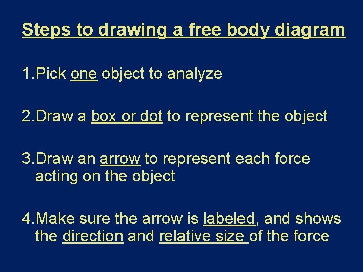 Steps to drawing a free body diagram 1. Pick one object to analyze 2.