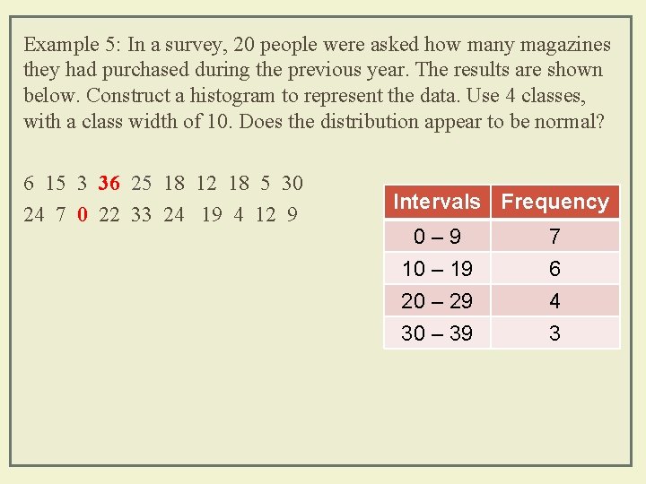 Example 5: In a survey, 20 people were asked how many magazines they had