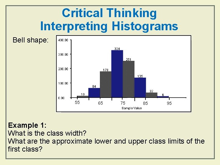Critical Thinking Interpreting Histograms Bell shape: 55 65 75 85 95 Example 1: What