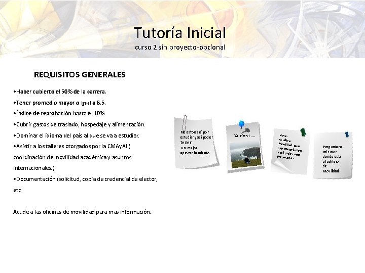 Tutoría Inicial curso 2 sin proyecto-opcional REQUISITOS GENERALES • Haber cubierto el 50% de