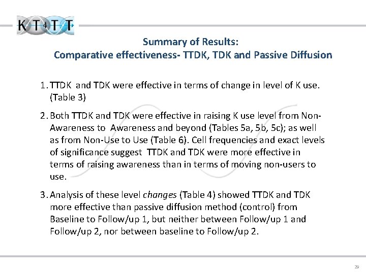 Summary of Results: Comparative effectiveness- TTDK, TDK and Passive Diffusion 1. TTDK and TDK