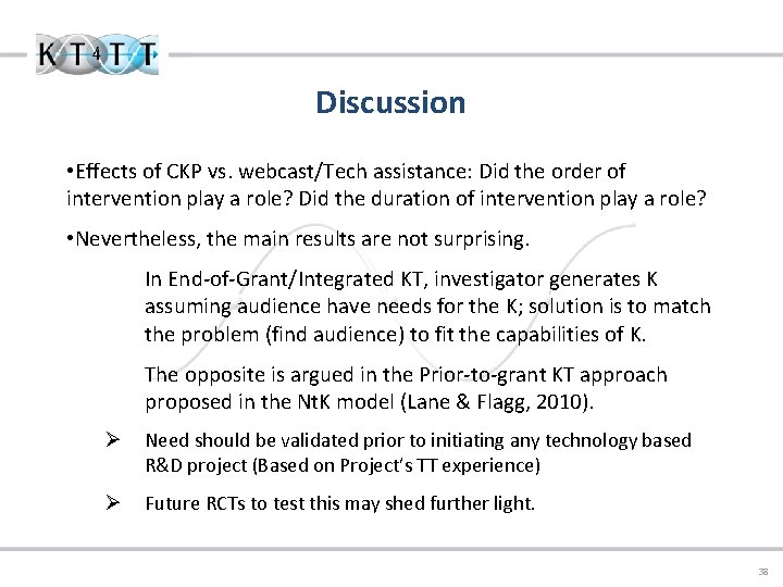 Discussion • Effects of CKP vs. webcast/Tech assistance: Did the order of intervention play