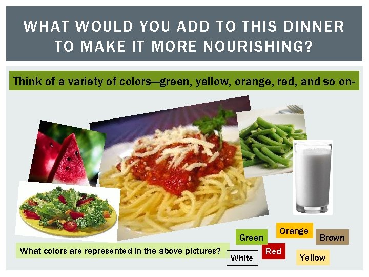 WHAT WOULD YOU ADD TO THIS DINNER TO MAKE IT MORE NOURISHING? Think of