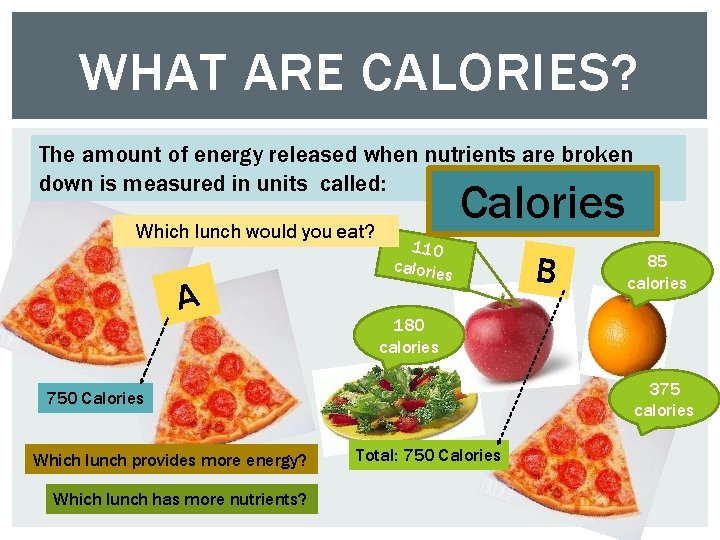 WHAT ARE CALORIES? The amount of energy released when nutrients are broken down is