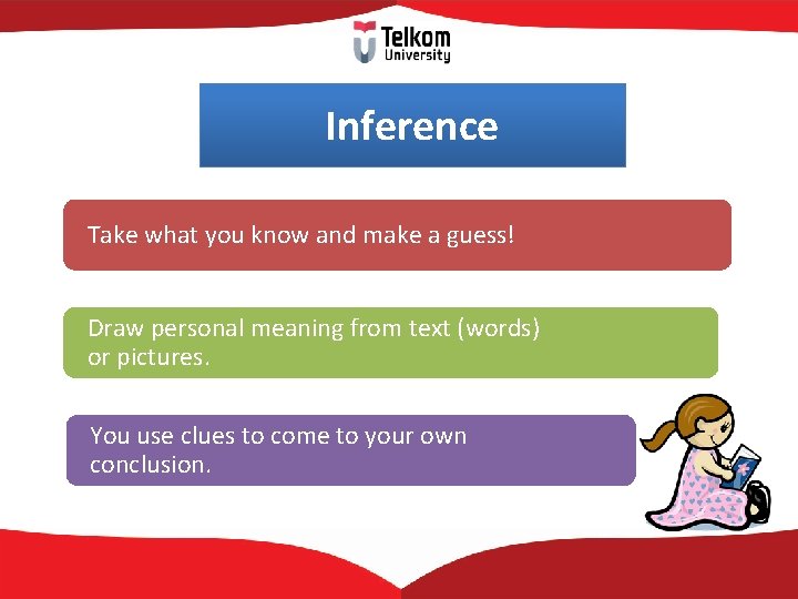 Inference Take what you know and make a guess! Draw personal meaning from text