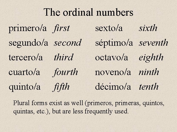 The ordinal numbers primero/a first sexto/a sixth segundo/a tercero/a cuarto/a quinto/a séptimo/a octavo/a noveno/a The ordinal numbers primero/a first sexto/a sixth segundo/a tercero/a cuarto/a quinto/a séptimo/a octavo/a noveno/a