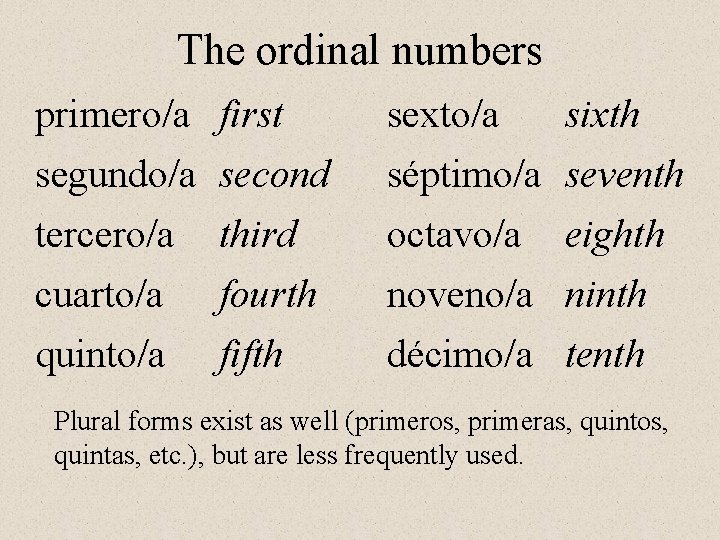 The ordinal numbers primero/a first sexto/a sixth segundo/a tercero/a cuarto/a quinto/a séptimo/a octavo/a noveno/a