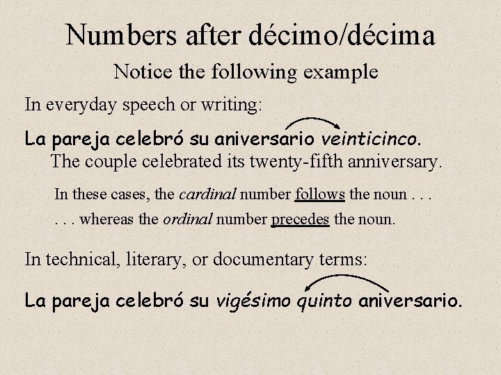 Numbers after décimo/décima Notice the following example In everyday speech or writing: La pareja Numbers after décimo/décima Notice the following example In everyday speech or writing: La pareja