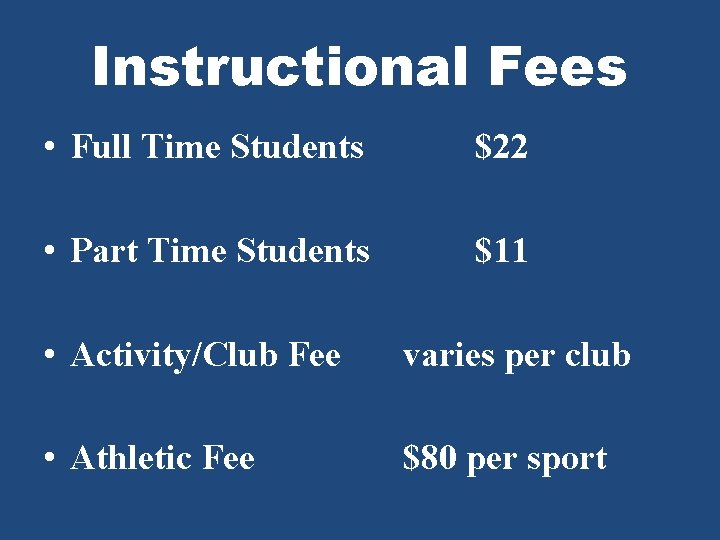 Instructional Fees • Full Time Students $22 • Part Time Students $11 • Activity/Club
