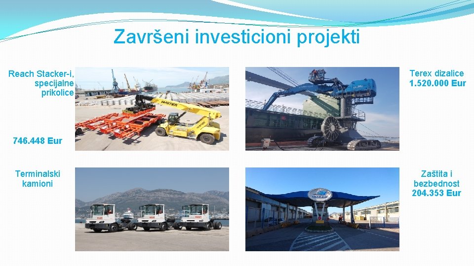 Završeni investicioni projekti Reach Stacker-i, specijalne prikolice Terex dizalice 1. 520. 000 Eur 746.