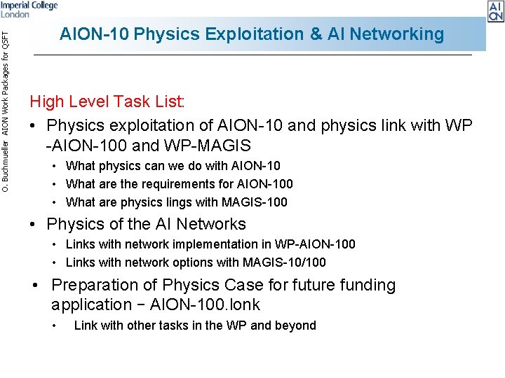 O. Buchmueller AION Work Packages for QSFT AION-10 Physics Exploitation & AI Networking High