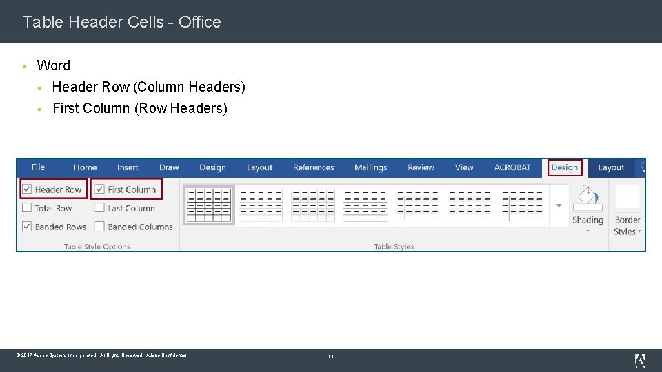 Table Header Cells - Office § Word § Header Row (Column Headers) § First