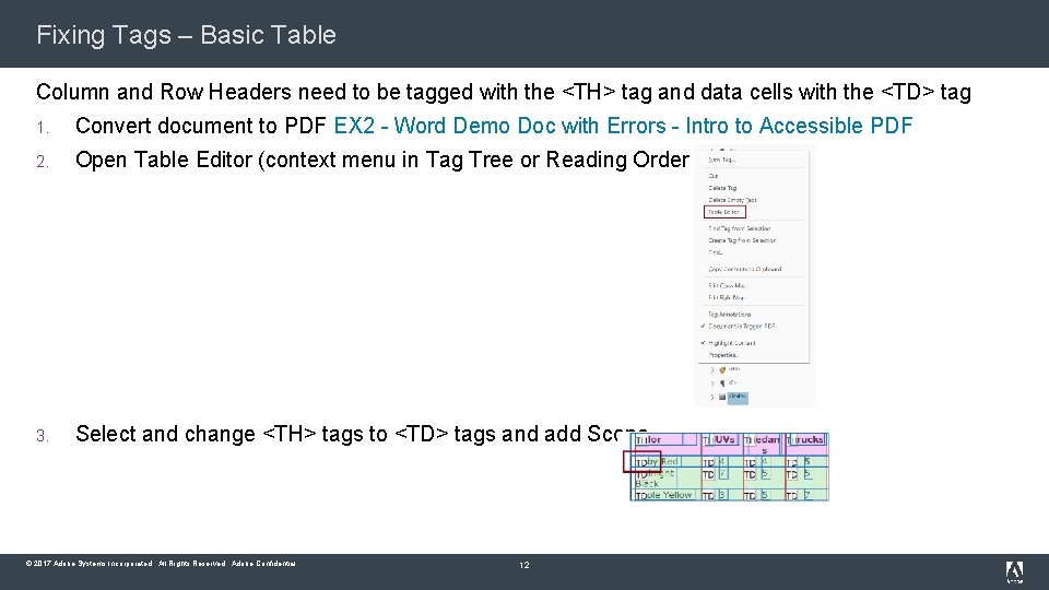Fixing Tags – Basic Table Column and Row Headers need to be tagged with