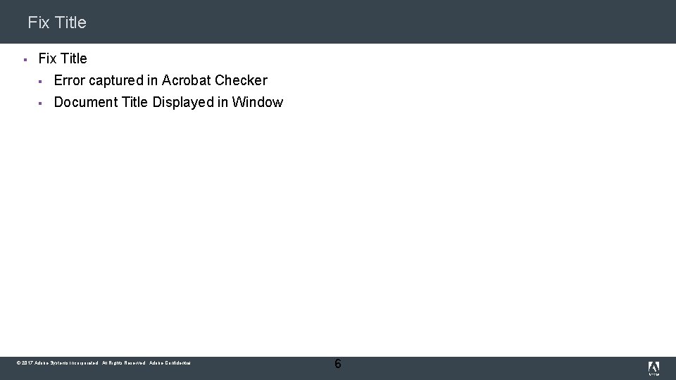 Fix Title § Error captured in Acrobat Checker § Document Title Displayed in Window
