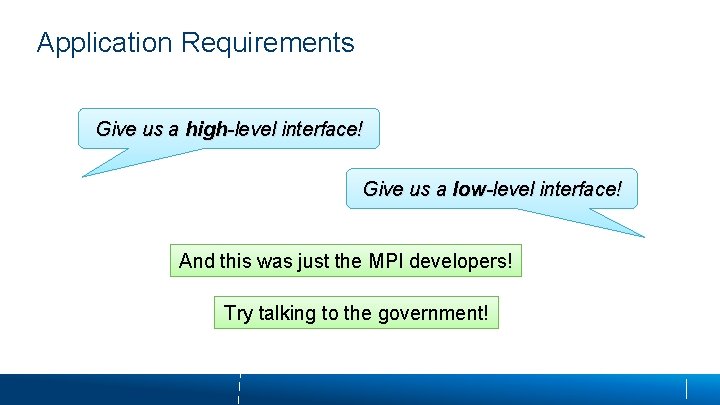 Application Requirements Give us a high-level interface! Give us a low-level interface! And this